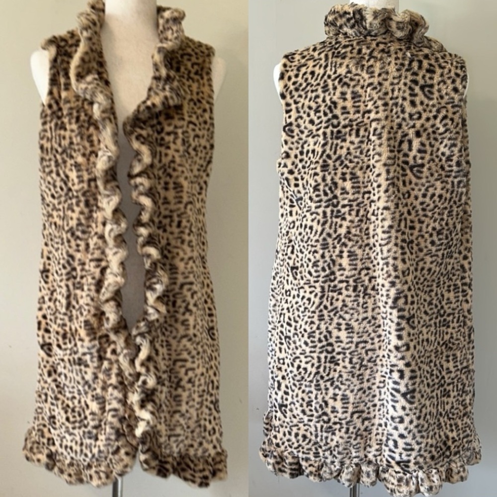Leopard Print | Long Faux Fur Vest | By Cover Charge Small Ruffle Trim